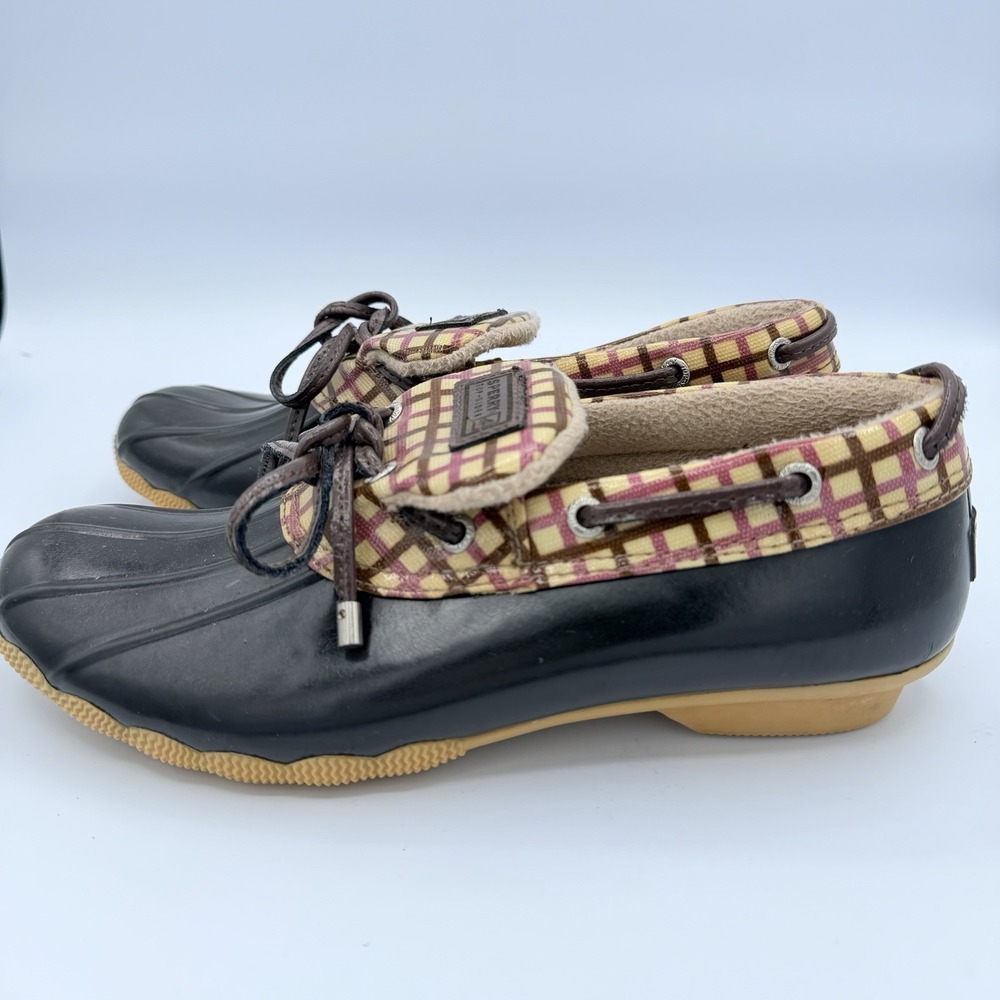 Sperry Top Sider Low Duck Boots Size 8 Pink Brown Plaid Waterproof Rain Shoes